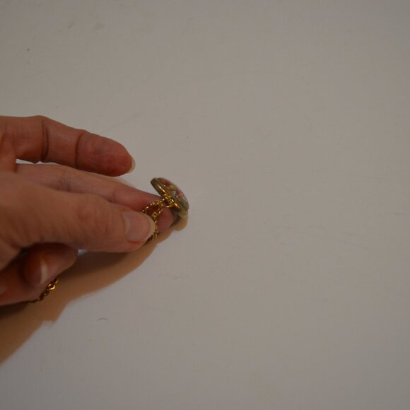 Necklace Golden Rolo Chain Link & Pendant Heart Shape Flower in Glass Vintage - Picture 4 of 7